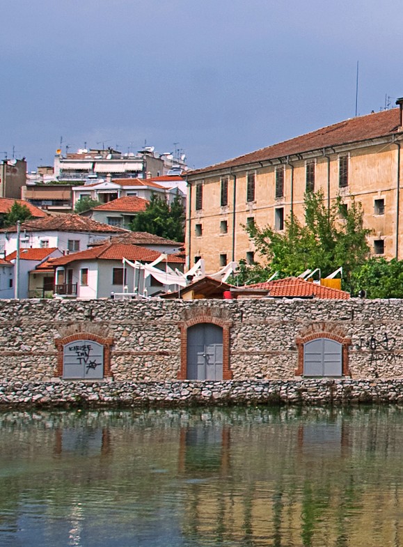 View of old tobacco warehouse and city buildings