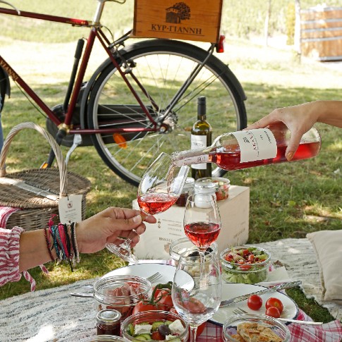 A picnic and glasses of rose wine