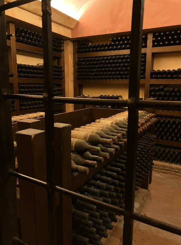 Aged and dusty wine bottles lie behind bars in Katogi Averoff winery